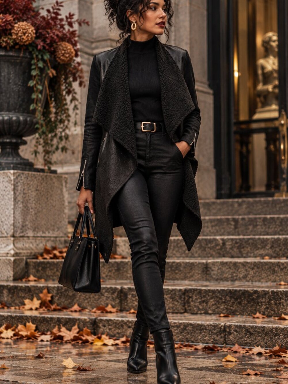 Velvet by Graham & Spencer Black Draped Moto Jacket Faux Shearling S